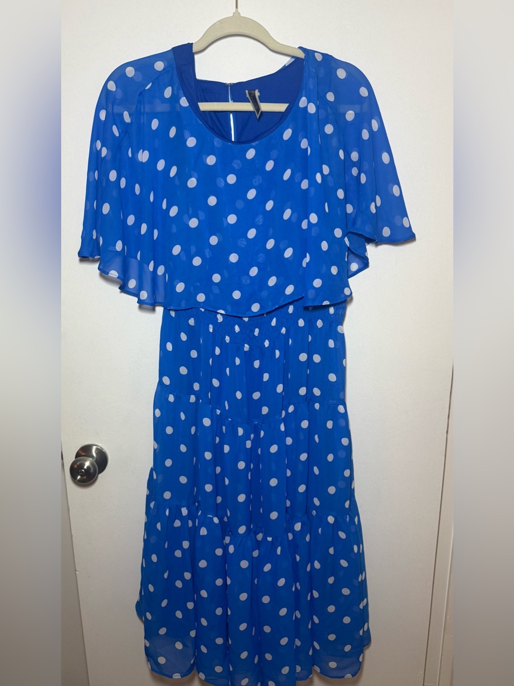 Julian Taylor Blue White Polka Dot Chiffon Layered A-Line Midi Dress Size 14
